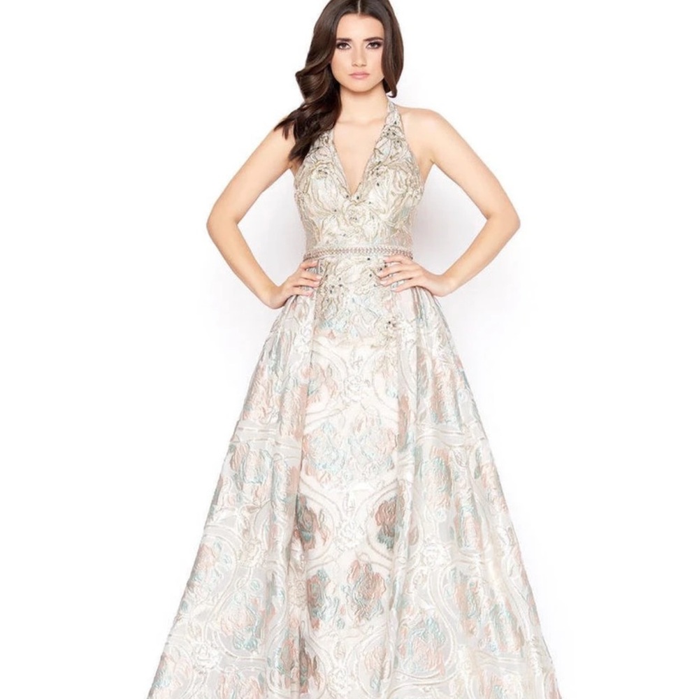 Mac Duggal Cream and Blue Embellished Prom Dress